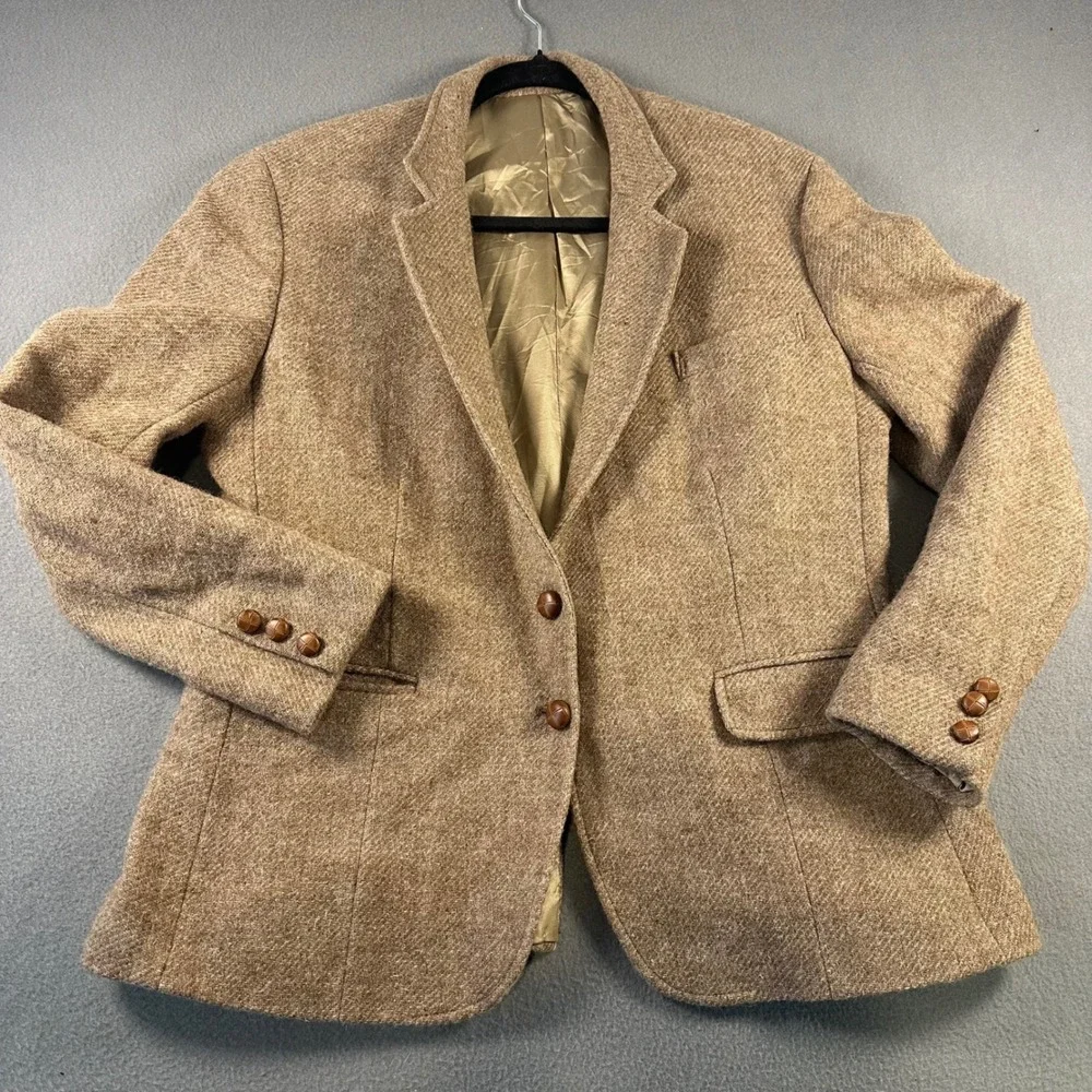 LL Bean Vintage Mens Tan Wool Tweed Herringbone Blazer Jacket USA Made Size 18